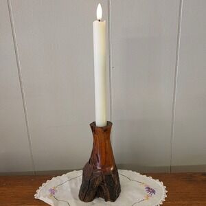 Vintage Rustic Burl‎ Wood Candle Holder Hand Carved Natural Bark Texture